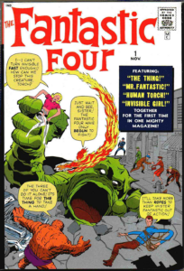 The cover of Fantastic Four issue number one with Invisible Girl in the clutches of a monster who is bursting through a city street. The Thing, Mr. Fantastic, and the Human Torch are headed to the rescue.